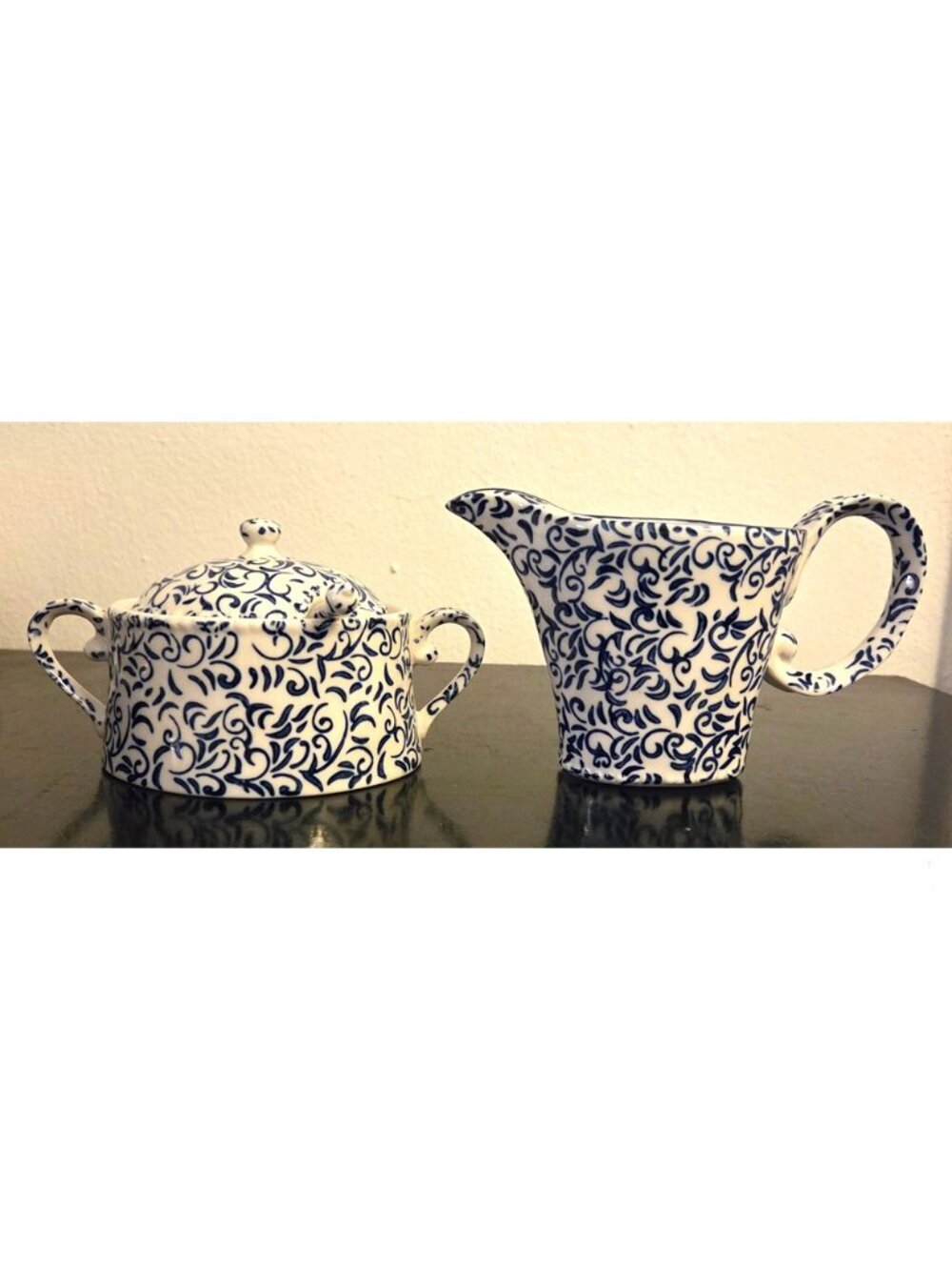 Sugar & Creamer Attingham Anthropologie blue & white; with spoon